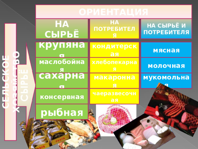 СЕЛЬСКОЕ ХОЗЯЙСТВО ОРИЕНТАЦИЯ НА СЫРЬЁ НА ПОТРЕБИТЕЛЯ НА СЫРЬЁ И ПОТРЕБИТЕЛЯ мясная крупяная кондитерская маслобойная молочная хлебопекарная мукомольная сахарная макаронная чаеразвесочная консервная рыбная 
