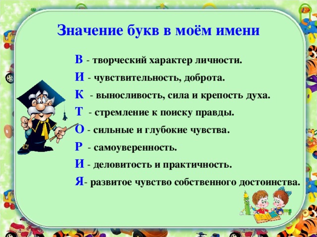 Значение букв в моём имени   В  - творческий характер личности. И -  чувствительность, доброта. К  -  выносливость, сила и крепость духа. Т  -  стремление к поиску правды. О  -  сильные и глубокие чувства. Р  -  самоуверенность. И  -  деловитость и практичность. Я -  развитое чувство собственного достоинства.  