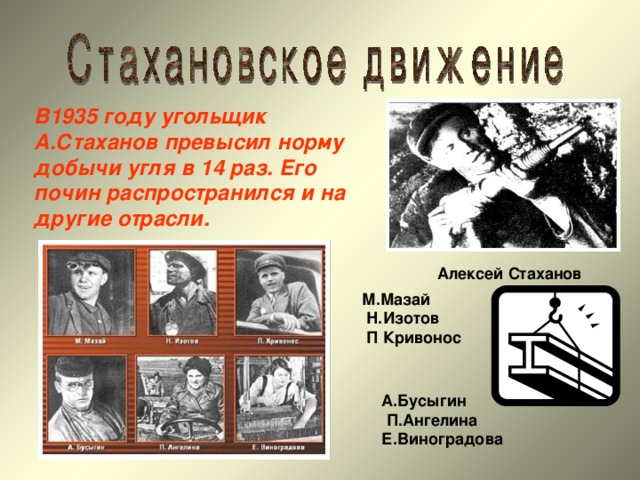 В1935 году угольщик А.Стаханов превысил норму добычи угля в 14 раз. Его почин распространился и на другие отрасли.   Алексей Стаханов М.Мазай  Н.Изотов  П Кривонос  А.Бусыгин  П.Ангелина Е.Виноградова  