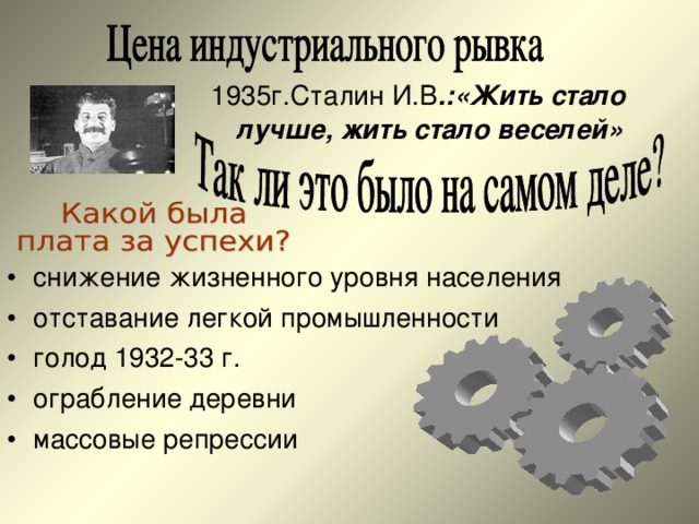 1935г.Сталин И.В .:«Жить стало лучше, жить стало веселей» снижение жизненного уровня населения отставание легкой промышленности голод 1932-33 г. ограбление деревни массовые репрессии 
