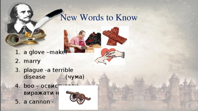 New Words to Know a glove –maker marry plague -a terrible disease (чума) boo – освистувати, виражати несхвалення a cannon - 