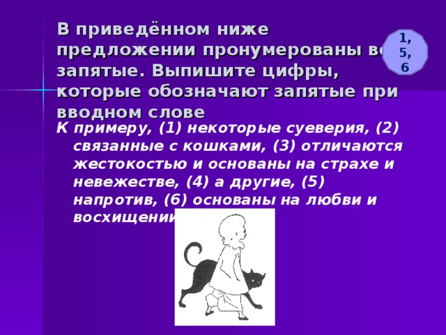В приведённом ниже предложении пронумерованы все запятые. Выпишите цифры, которые обозначают запятые при вводном слове 1, 5, 6 К примеру, (1) некоторые суеверия, (2) связанные с кошками, (3) отличаются жестокостью и основаны на страхе и невежестве, (4) а другие, (5) напротив, (6) основаны на любви и восхищении. 