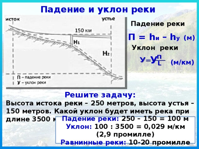 Падение и уклон реки Падение реки П = h и – h у (м) Уклон реки  У   (м/км) Решите задачу: Высота истока реки – 250 метров, высота устья – 150 метров. Какой уклон будет иметь река при длине 3500 км? Горная она или равнинная? Падение реки: 250 – 150 = 100 м Уклон: 100 : 3500 = 0,029 м/км (2,9 промилле) Равнинные реки: 10-20 промилле 