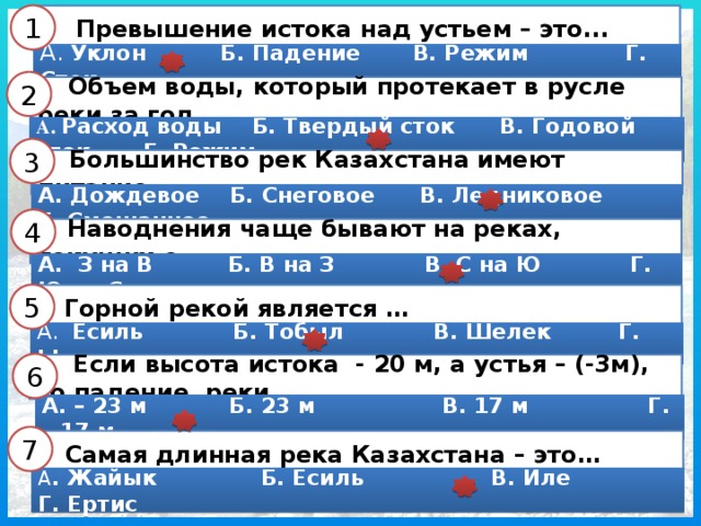 1  Превышение истока над устьем – это... А . Уклон Б. Падение В. Режим Г. Сток 2  Объем воды, который протекает в русле реки за год… А . Расход воды Б. Твердый сток В. Годовой сток Г. Режим 3  Большинство рек Казахстана имеют питание… А. Дождевое Б. Снеговое В. Ледниковое Г. Смешанное 4  Наводнения чаще бывают на реках, текущих с …  А. З на В Б. В на З В. С на Ю Г. Ю на С 5  Горной рекой является … А. Есиль Б. Тобыл В. Шелек Г. Ыргыз 6  Если высота истока - 20 м, а устья – (-3м), то падение реки А. – 23 м Б. 23 м В. 17 м Г. – 17 м 7  Самая длинная река Казахстана – это… А . Жайык Б. Есиль В. Иле Г. Ертис 