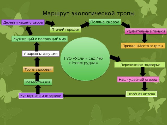 Маршрут экологической тропы Поляна сказок Деревья нашего двора Птичий городок Удивительные пеньки Жужжащий и ползающий мир Привал «Место встреч» У царевны лягушки ГУО «Ясли – сад №6 г.Новогрудка»  Деревенское подворье Тропа здоровья Наш чудесный огород Метеостанция Зелёная аптека Кустарники и ягодники 