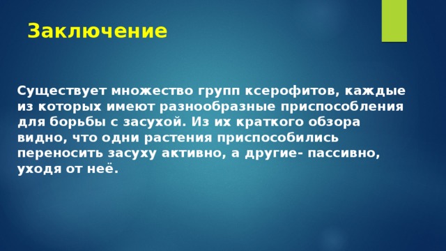 Заключение Существует множество групп ксерофитов, каждые из которых имеют разнообразные приспособления для борьбы с засухой. Из их краткого обзора видно, что одни растения приспособились переносить засуху активно, а другие- пассивно, уходя от неё. 
