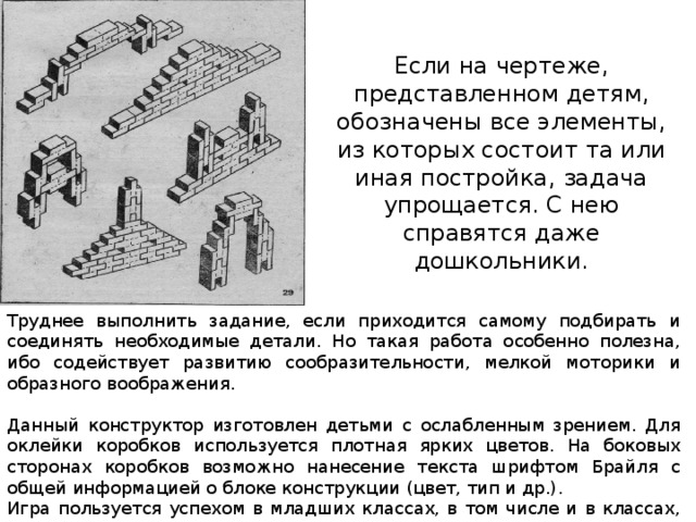 Если на чертеже, представленном детям, обозначены все элементы, из которых состоит та или иная постройка, задача упрощается. С нею справятся даже дошкольники. Труднее выполнить задание, если приходится самому подбирать и соединять необходимые детали. Но такая работа особенно полезна, ибо содействует развитию сообразительности, мелкой моторики и образного воображения.   Данный конструктор изготовлен детьми с ослабленным зрением. Для оклейки коробков используется плотная ярких цветов. На боковых сторонах коробков возможно нанесение текста шрифтом Брайля с общей информацией о блоке конструкции (цвет, тип и др.). Игра пользуется успехом в младших классах, в том числе и в классах, где обучаются дети по системе Брайля. 