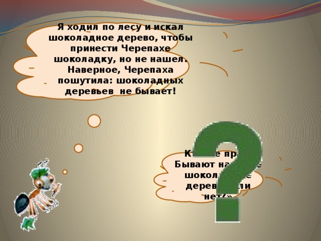 Я ходил по лесу и искал шоколадное дерево, чтобы принести Черепахе шоколадку, но не нашел. Наверное, Черепаха пошутила: шоколадных деревьев не бывает! Кто же прав! Бывают на свете шоколадные деревья или нет?» 