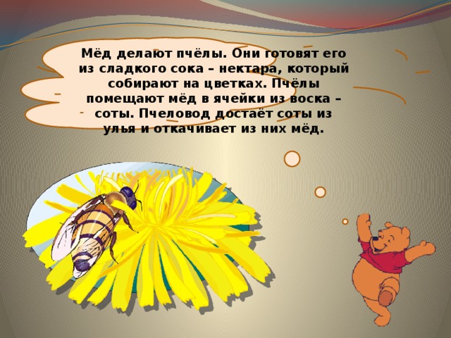  Мёд делают пчёлы. Они готовят его из сладкого сока – нектара, который собирают на цветках. Пчёлы помещают мёд в ячейки из воска – соты. Пчеловод достаёт соты из улья и откачивает из них мёд. 
