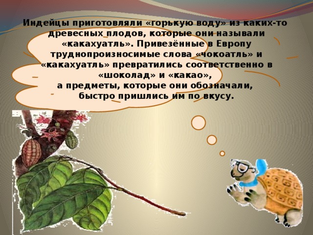  Индейцы приготовляли «горькую воду» из каких-то  древесных плодов, которые они называли «какахуатль». Привезённые в Европу труднопроизносимые слова «чокоатль» и «какахуатль» превратились соответственно в «шоколад» и «какао»,  а предметы, которые они обозначали,  быстро пришлись им по вкусу. 