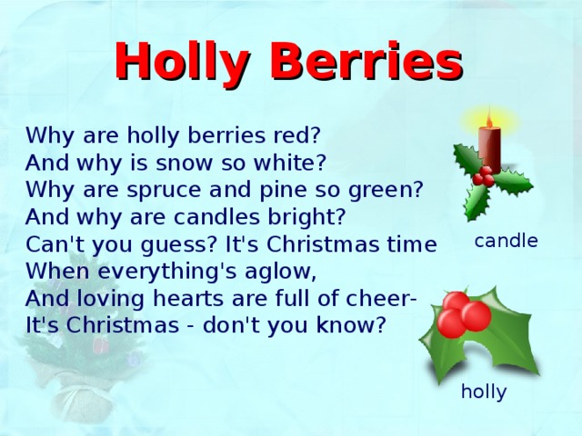 Holly Berries  Why are holly berries red? And why is snow so white? Why are spruce and pine so green? And why are candles bright? Can't you guess? It's Christmas time When everything's aglow, And loving hearts are full of cheer - It's Christmas - don't you know?  candle holly 