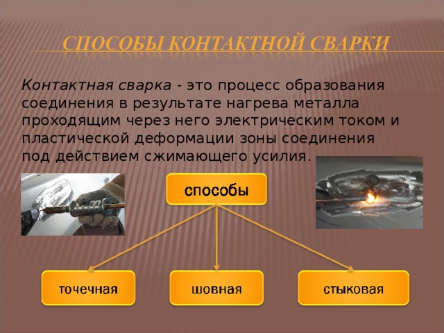 Контактная сварка - это процесс образования соединения в результате нагрева металла проходящим через него электрическим током и пластической деформации зоны соединения под действием сжимающего усилия.  