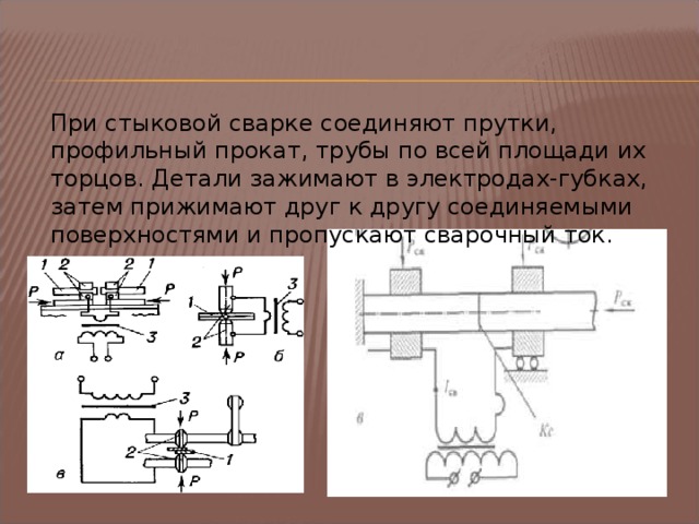 При стыковой сварке  соединяют прутки, профильный прокат, трубы по всей площади их торцов. Детали зажимают в электродах-губках, затем прижимают друг к другу соединяемыми поверхностями и пропускают сварочный ток. 8 
