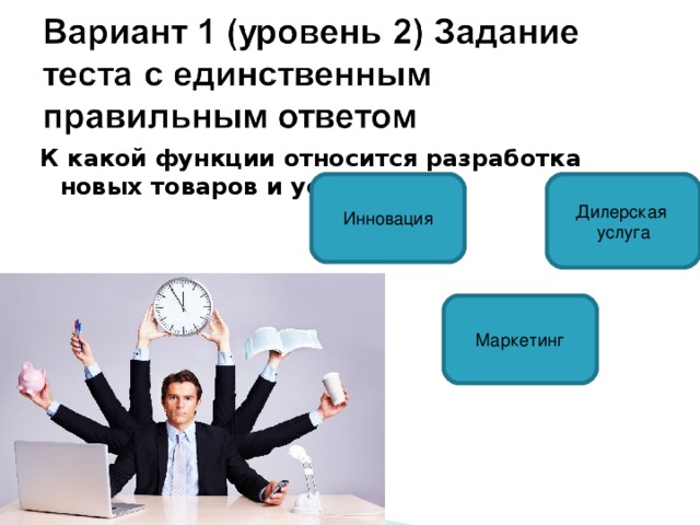 К какой функции относится разработка новых товаров и услуг: Инновация Дилерская услуга Маркетинг 