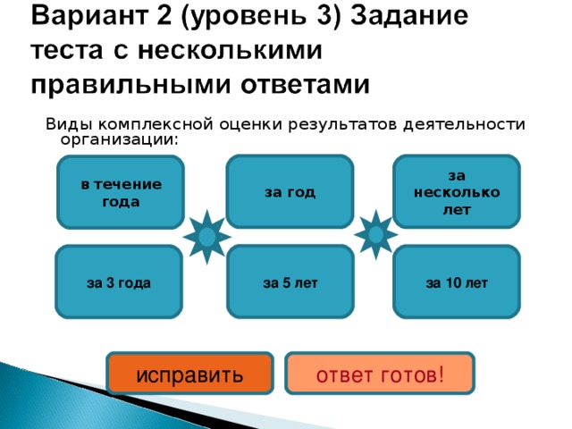 Виды комплексной оценки результатов деятельности организации: за несколько лет за год в течение года за 5 лет за 3 года за 10 лет исправить ответ готов! 