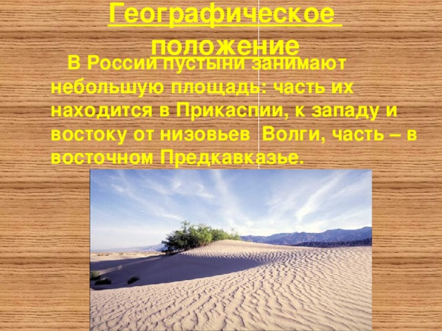 Географическое положение  В России пустыни занимают небольшую площадь : часть их находится в Прикаспии , к западу и востоку от низовьев Волги , часть – в восточном Предкавказье .  
