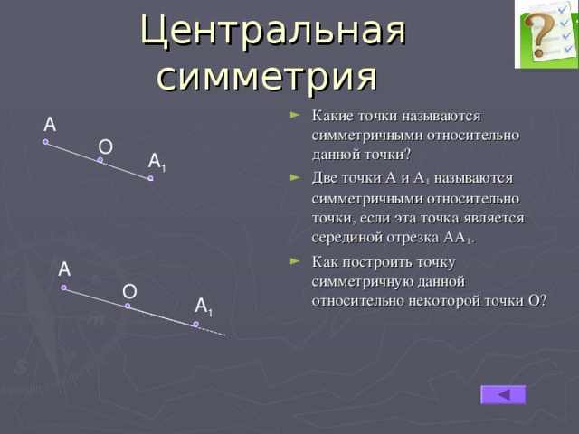 Центральная симметрия Какие точки называются симметричными относительно данной точки? Две точки А и А 1 называются симметричными относительно точки, если эта точка является серединой отрезка АА 1 . Как построить точку симметричную данной относительно некоторой точки О? А О А 1 А О А 1 
