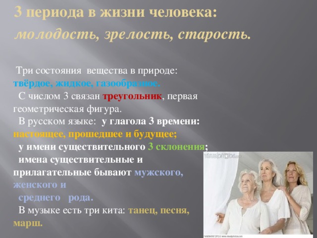 3 периода в жизни человека: молодость, зрелость, старость.    Три состояния вещества в природе: твёрдое, жидкое, газообразное.  С числом 3 связан треугольник , первая геометрическая фигура.  В русском языке: у глагола 3 времени: настоящее, прошедшее и будущее;  у имени существительного 3 склонения ;  имена существительные и прилагательные бывают мужского, женского и  среднего рода.  В музыке есть три кита:  танец, песня, марш. 