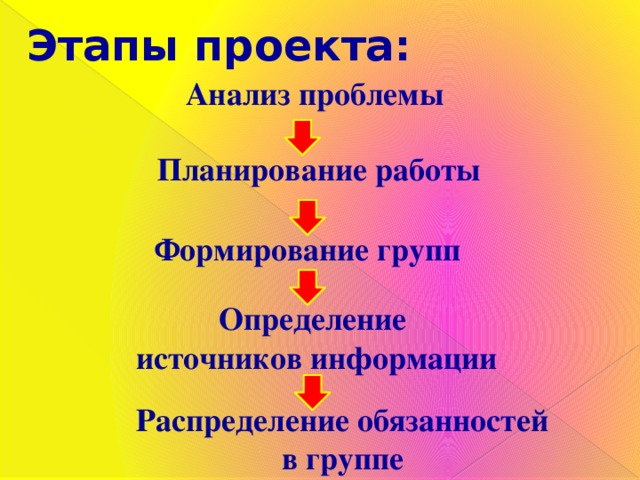 Этапы проекта: Анализ проблемы Планирование работы Формирование групп Определение источников информации Распределение обязанностей в группе 