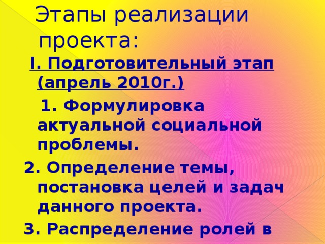  Этапы реализации проекта:  I. Подготовительный этап (апрель 2010г.)   1. Формулировка актуальной социальной проблемы. 2. Определение темы, постановка целей и задач данного проекта. 3. Распределение ролей в группе. 4. Определение способов решения данной проблемы. 