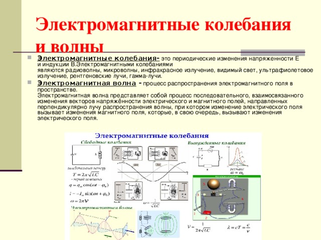 Электромагнитные колебания и волны Электромагнитные колебания- это периодические изменения напряженности E и индукции В.Электромагнитными колебаниями являются радиоволны, микроволны, инфракрасное излучение, видимый свет, ультрафиолетовое излучение, рентгеновские лучи, гамма-лучи. Электромагнитная волна - процесс распространения электромагнитного поля в пространстве.  Электромагнитная волна представляет собой процесс последовательного, взаимосвязанного изменения векторов напряжённости электрического и магнитного полей, направленных перпендикулярно лучу распространения волны, при котором изменение электрического поля вызывает изменения магнитного поля, которые, в свою очередь, вызывают изменения электрического поля. 