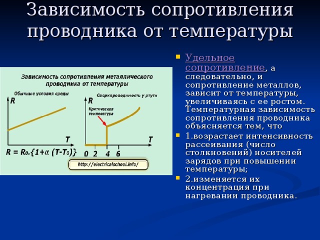 Зависимость сопротивления проводника от температуры   Удельное сопротивление , а следовательно, и сопротивление металлов, зависит от температуры, увеличиваясь с ее ростом. Температурная зависимость сопротивления проводника объясняется тем, что 1.возрастает интенсивность рассеивания (число столкновений) носителей зарядов при повышении температуры; 2.изменяется их концентрация при нагревании проводника .  