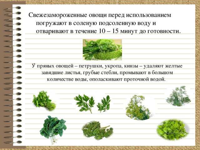 Свежезамороженные овощи перед использованием погружают в соленую подсоленную воду и отваривают в течение 10 – 15 минут до готовности. . У пряных овощей – петрушки, укропа, кинзы – удаляют желтые завядшие листья, грубые стебли, промывают в большом количестве воды, ополаскивают проточной водой.  