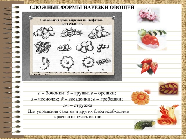 СЛОЖНЫЕ ФОРМЫ НАРЕЗКИ ОВОЩЕЙ а – бочонки; б – груши; в – орешки;  г – чесночек; д – звездочки; е – гребешки; ж – стружка Для украшения салатов и других блюд необходимо красиво нарезать овощи.  