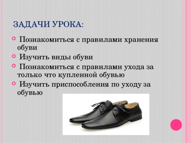  ЗАДАЧИ УРОКА:  Познакомиться с правилами хранения обуви  Изучить виды обуви  Познакомиться с правилами ухода за только что купленной обувью  Изучить приспособления по уходу за обувью  