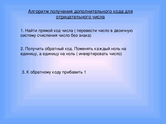 Алгоритм получения дополнительного кода для отрицательного числа 