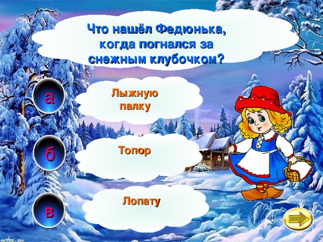 Что нашёл Федюнька, когда погнался за снежным клубочком? Лыжную палку а Топор б Лопату в 