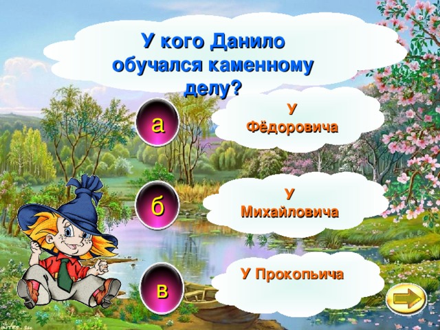 У кого Данило обучался каменному делу? У Фёдоровича а У Михайловича б У Прокопьича в 