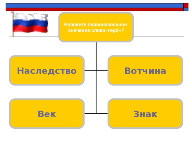 Назовите первоначальное значение слова»герб»? Наследство Вотчина Век Знак 