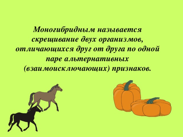Моногибридным называется скрещивание двух организмов, отличающихся друг от друга по одной паре альтернативных (взаимоисключающих) признаков.  