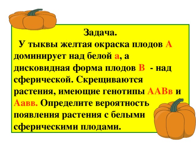 Задача.  У тыквы желтая окраска плодов А доминирует над белой а , а дисковидная форма плодов В - над сферической. Скрещиваются растения, имеющие генотипы ААВв и Аавв. Определите вероятность появления растения с белыми сферическими плодами. 