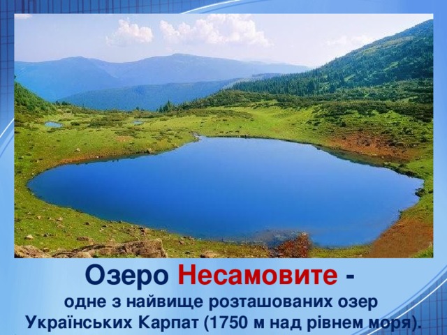 Озеро Несамовите -  одне з найвище розташованих озер Українських Карпат (1750 м над рівнем моря). 