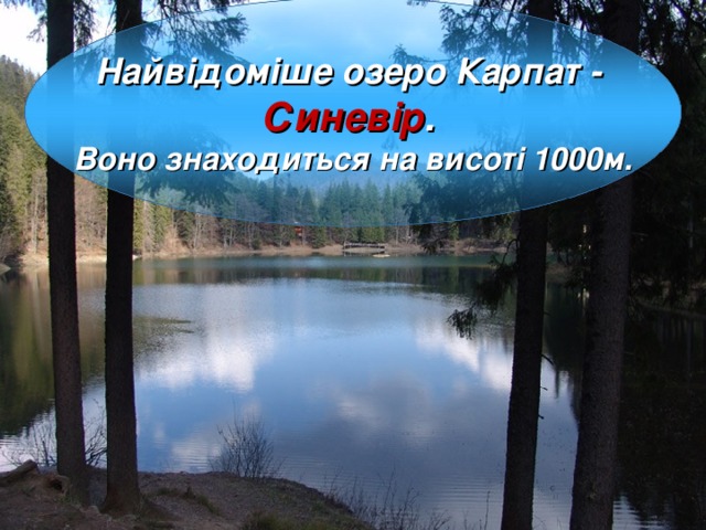 Найвідоміше озеро Карпат - Синевір . Воно знаходиться на висоті 1000м. 9 