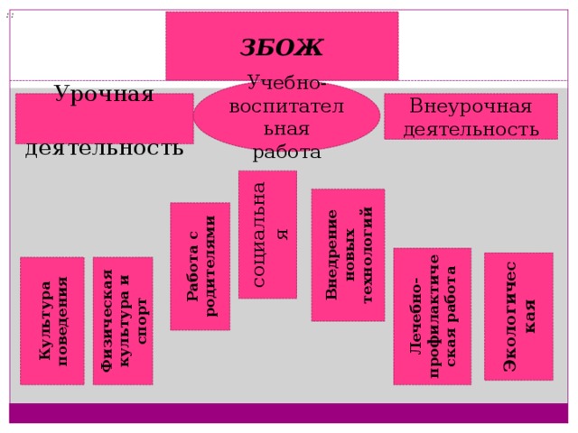  : : ЗБОЖ Учебно-воспитательная работа Внеурочная деятельность Урочная  деятельность социальная Внедрение новых технологий Работа с родителями Лечебно-профилактическая работа Экологическая Физическая культура и спорт Культура поведения 