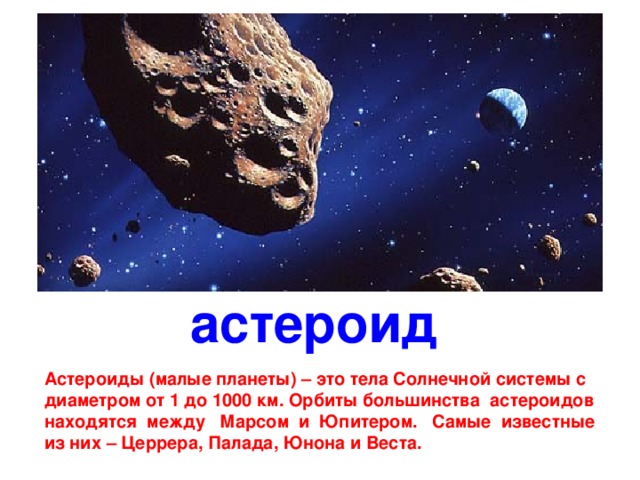 астероид Астероиды (малые планеты) – это тела Солнечной системы с диаметром от 1 до 1000 км. Орбиты большинства астероидов находятся между Марсом и Юпитером. Самые известные из них – Церрера, Палада, Юнона и Веста.  