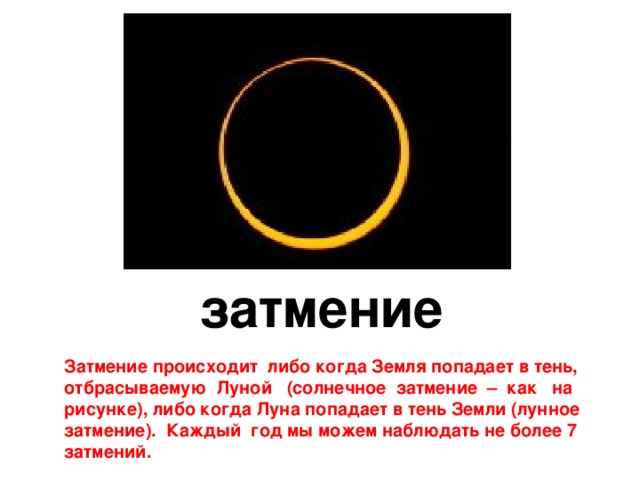  затмение Затмение происходит либо когда Земля попадает в тень, отбрасываемую Луной (солнечное затмение – как на рисунке), либо когда Луна попадает в тень Земли (лунное затмение). Каждый год мы можем наблюдать не более 7 затмений. 