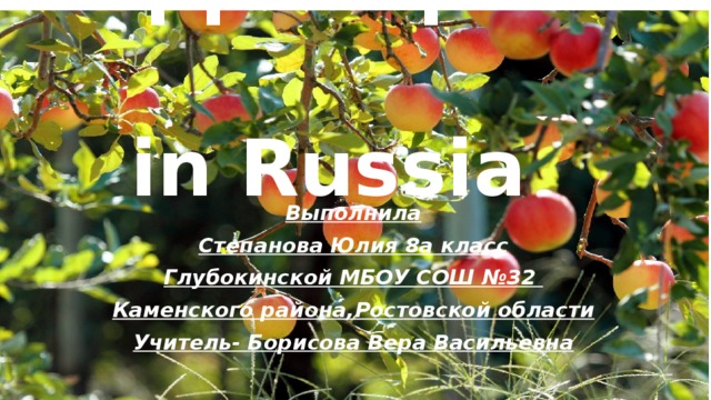 Apple Spas  in Russia Выполнила Степанова Юлия 8а класс Глубокинской МБОУ СОШ №32 Каменского района,Ростовской области Учитель- Борисова Вера Васильевна 