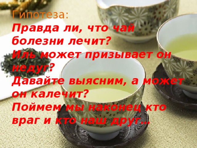 Гипотеза:  Правда ли, что чай болезни лечит?  Иль может призывает он недуг?  Давайте выясним, а может он калечит?  Поймем мы наконец кто враг и кто наш друг…   