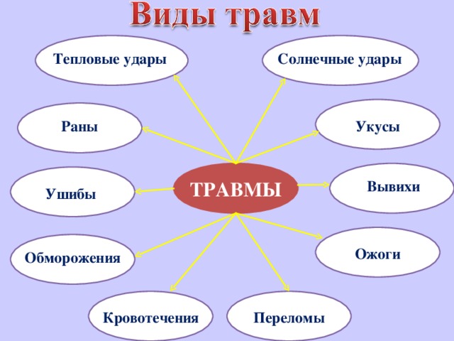 Тепловые удары Солнечные удары Раны Укусы Вывихи ТРАВМЫ Ушибы Ожоги Обморожения Кровотечения Переломы 