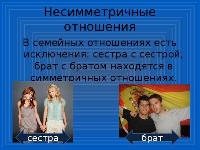 Несимметричные отношения В семейных отношениях есть исключения: сестра с сестрой, брат с братом находятся в симметричных отношениях. сестра брат 