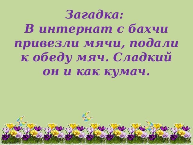 Загадка:  В интернат с бахчи привезли мячи, подали к обеду мяч. Сладкий он и как кумач. 