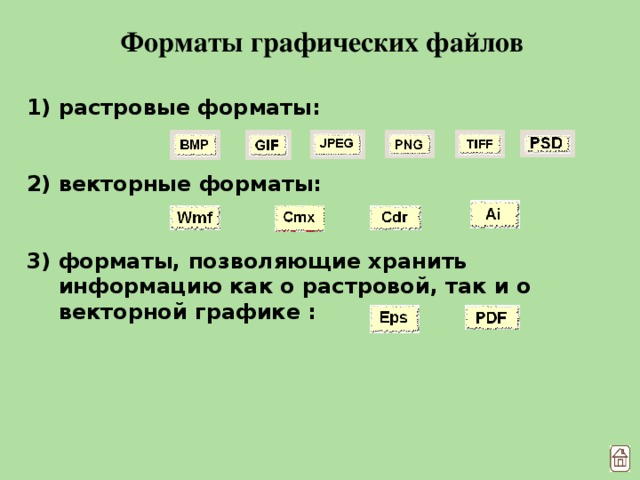 Форматы графических файлов растровые форматы:   векторные форматы:   форматы, позволяющие хранить информацию как о растровой, так и о векторной графике :  