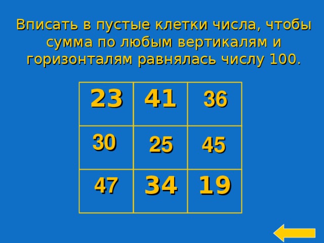 Вписать в пустые клетки числа, чтобы сумма по любым вертикалям и горизонталям равнялась числу 100. 23 41 34 19 36  30  25  45  47  