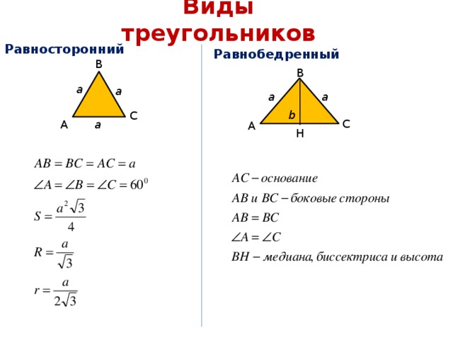 Виды треугольников Равносторонний Равнобедренный В В a а а a b С С А a А H 