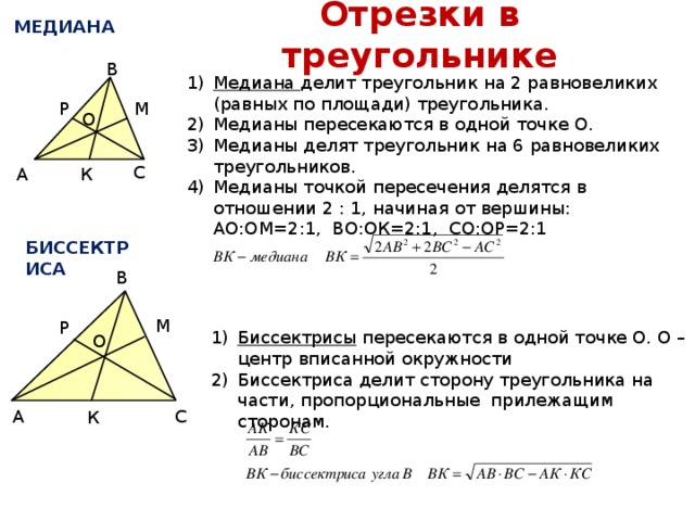 Отрезки в треугольнике МЕДИАНА В Медиана делит треугольник на 2 равновеликих (равных по площади) треугольника. Медианы пересекаются в одной точке О. Медианы делят треугольник на 6 равновеликих треугольников. Медианы точкой пересечения делятся в отношении 2 : 1, начиная от вершины: АО:ОМ=2:1, ВО:ОК=2:1, СО:ОР=2:1 В М Р О Р С А К БИССЕКТРИСА В М Р Биссектрисы пересекаются в одной точке О. О – центр вписанной окружности Биссектриса делит сторону треугольника на части, пропорциональные прилежащим сторонам. О С А К 