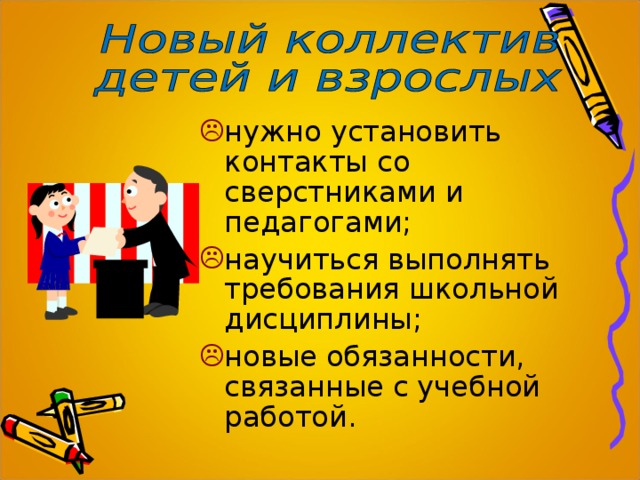 нужно установить контакты со сверстниками и педагогами; научиться выполнять требования школьной дисциплины; новые обязанности, связанные с учебной работой. 